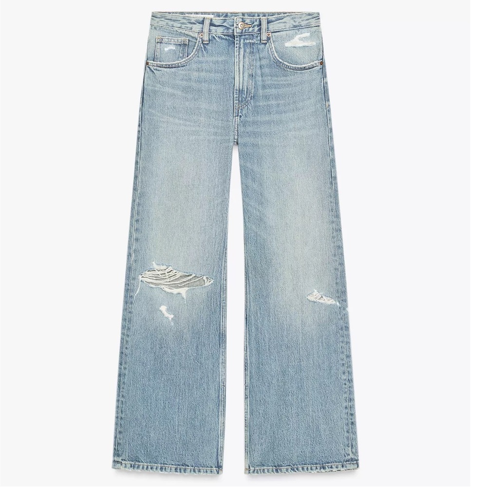 Zara Light Blue Distressed Wide Leg Jeans